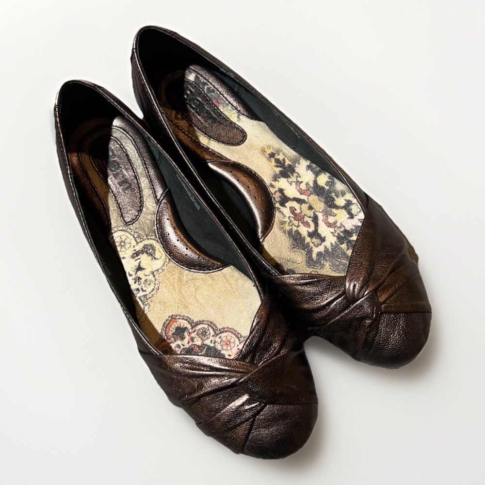 Born Lily Bronze Metallic Leather Comfort Ballet Flats Women 9 Pleated Twist Toe